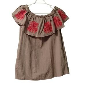 Lela Sky Off Shoulder Floral Embroidered Ruffle Blouse Taupe Brown Red Boho